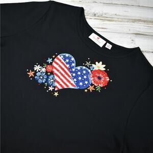 Embroidered American Flag Heart Top Women's Xlarge Black Rhinestone Embellished